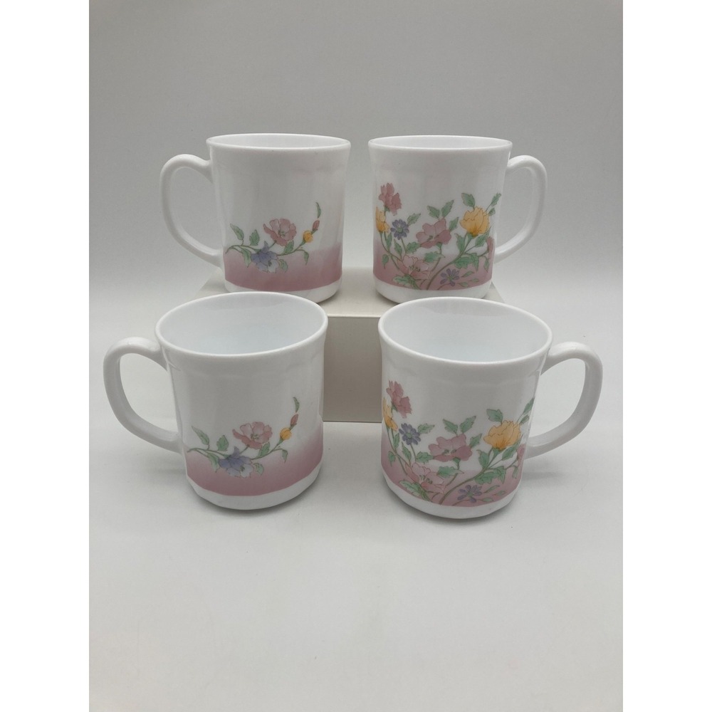 Vintage Arcopal France Pastel Floral Mugs Set of 4 Pink Yellow Wildflowers